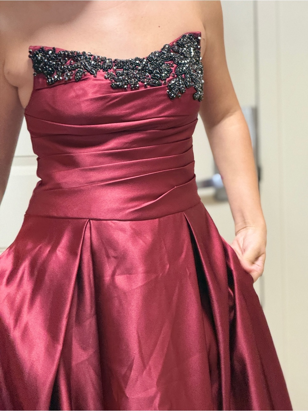 Strapless Burgundy Satin Dress with Black Beaded Accents